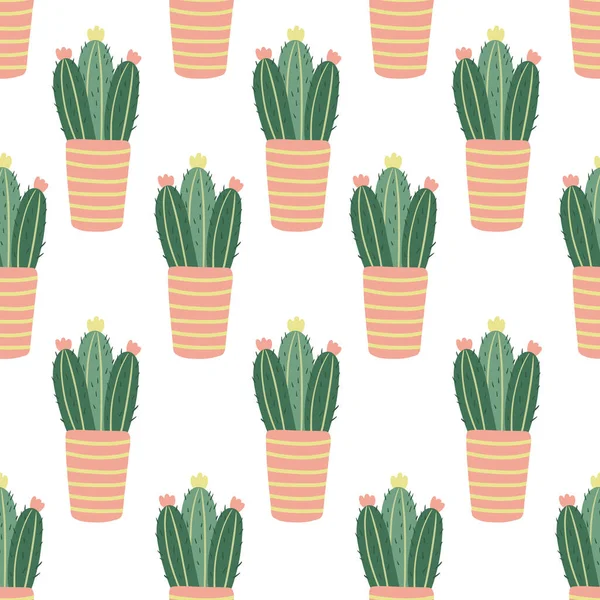 Plantas Cactus Florecientes Patrón Sin Costuras Blanco Ilustración Vectorial Plana — Vector de stock