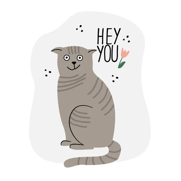 Güzel Sarkık Kulaklı Bir Kedili Kart Çizimi Düz Vektör Çizimi — Stok Vektör