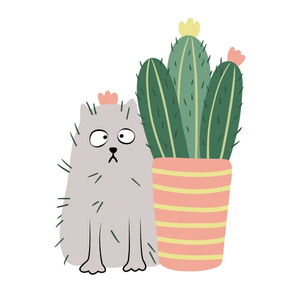 Kat Met Doornen Cactus Bloeiende Sappige Huisplant Een Bloempot Vector — Stockvector