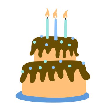 Beyaz arka planda yanan mumlarla izole edilmiş doğum günü pastası. El çizimi düz vektör çizimi. Tebrik kartları için harika..