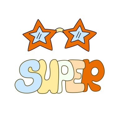 Yıldız şekilli gözlüklü hippi titreşimli poster. Retro 70 'lerin vektör illüstrasyonu. Harika bir çizgi film tarzı. Süper el çizimi harfleri.