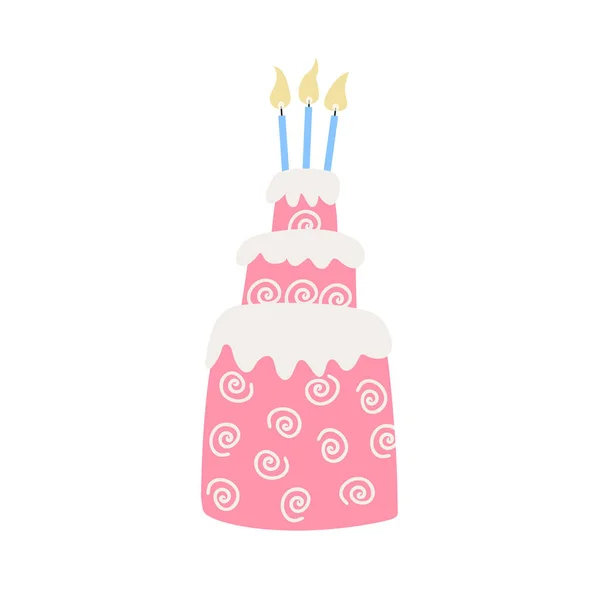 stock vector Birthday cake with burning candles  isolated on white background. Hand drawn flat vector  illustration. Great for greeting cards.