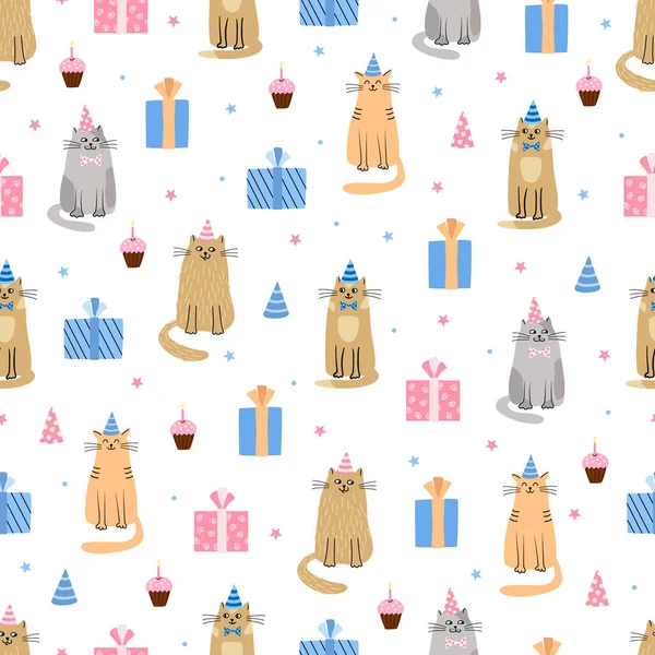 Vector Naadloos Patroon Met Katten Geschenkdozen Handgetekende Platte Illustratie Geweldig — Stockvector