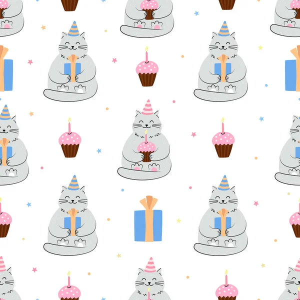誕生日のカップケーキやギフトボックスを持つ猫とベクトルシームレスパターン 手描きの平図 包装紙に最適 — ストックベクタ