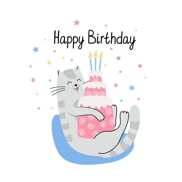 Pozdrowienia Uroczym Kotem Tortem Urodzinowym Ręcznie Rysowane Płaski Wektor Ilustracji — Wektor stockowy