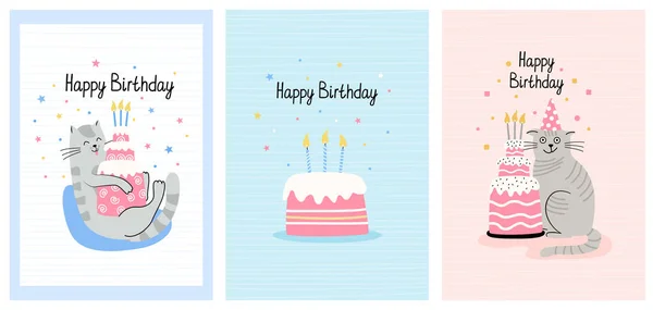Zestaw Kartek Okolicznościowych Zabawnymi Kotami Tortami Urodzinowymi Ręcznie Rysowany Płaski — Wektor stockowy