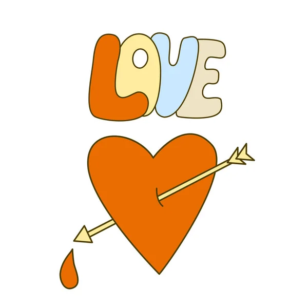 嬉皮士的海报被箭刺穿了心脏 回溯到70年代的矢量图解 华丽的卡通风格 爱情手绘字体 — 图库矢量图片
