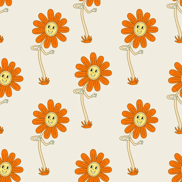 Patrón Hippie Sin Costuras Con Sonrientes Flores Margarita Naranja Brillante — Archivo Imágenes Vectoriales