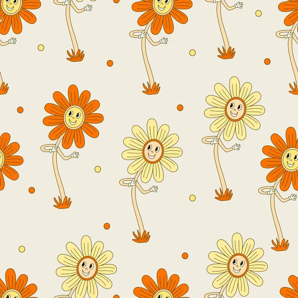 Hippie Seamless Pattern Smiling Daisy Flowers Retro 70S Vector Illustration — Stock Vector