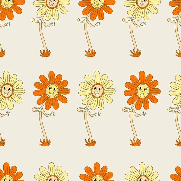 Hipisowski Bezszwowy Wzór Uśmiechniętymi Żółtymi Pomarańczowymi Kwiatami Stokrotki Ilustracja Wektora — Wektor stockowy