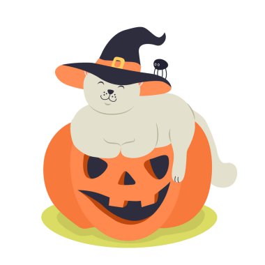 Cadı şapkası takan komik kedi yavrusu balkabağının üstünde uyuyor. El çizimi vektör çizimi. Cadılar Bayramı posterleri ve tebrik kartları için harika.