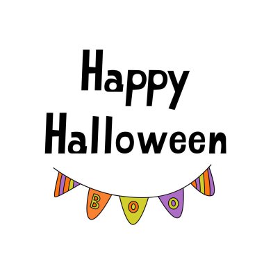 Çelenkli Cadılar Bayramı tebrik kartın kutlu olsun. Vektör el çizimi ve harf.