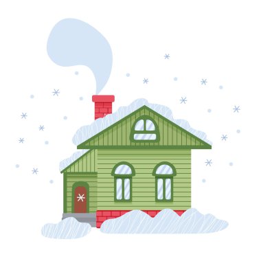 Kışlık kır konforlu yeşil ev. Karlı bir gün. Beyaz üzerine izole edilmiş vektör düz çizim. Noel kartları ve posterler için harika. Düz tasarım.