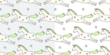 Zıplayan tek boynuzlu iki vektörsüz desen. El çizimi renkli karalama çizimi. Paket kağıdı için harika..