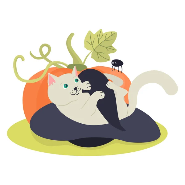 Cadı Şapkalı Şirin Kedi Vektör Çizimi Cadılar Bayramı Posterleri Tebrik — Stok Vektör