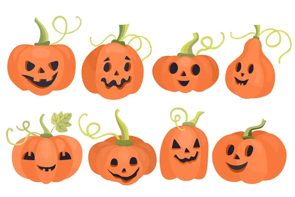 Jack Lantaarn Halloween Pompoenen Set Verschillende Emoties Handgetekende Vlakke Vectorillustratie — Stockvector