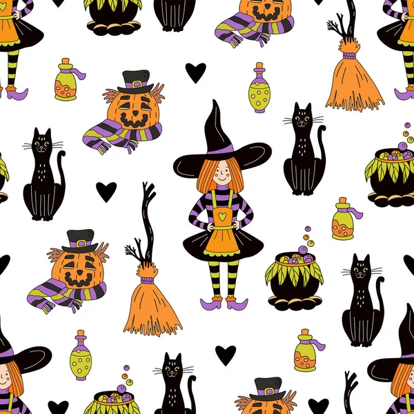 Хэллоуин Бесшовная Картина Маленькими Ведьмами Черные Кошки Метлы Котлы Бутылки — стоковый вектор