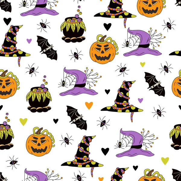 Patrón Sin Costuras Halloween Con Jack Linternas Sombreros Bruja Calderos — Vector de stock