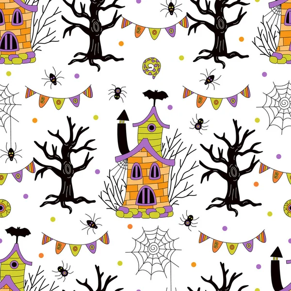 Nahtloses Muster Halloween Mit Gruseligen Häusern Spinnen Kahlen Bäumen Und — Stockvektor