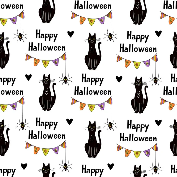 Happy Halloween Nahtlose Muster Mit Schwarzen Katzen Spinnen Und Buh — Stockvektor