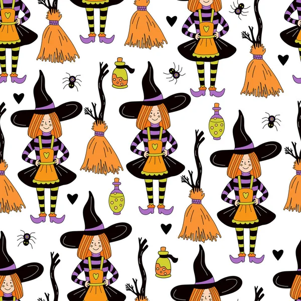 Nahtloses Muster Halloween Mit Kleiner Hexe Besen Und Giftflaschen Auf — Stockvektor