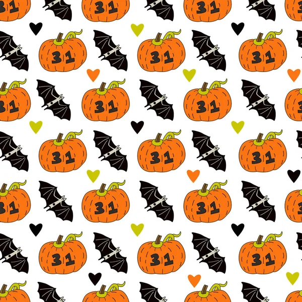 Nahtloses Halloween Muster Mit Kürbissen Fledermäusen Und Herzen Auf Weißem — Stockvektor