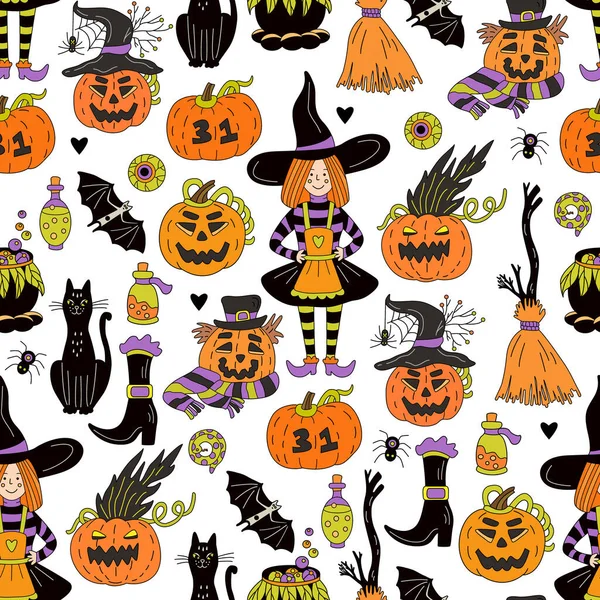 Halloween Zökkenőmentes Minta Kis Boszorkányok Hiányzik Lámpás Sütőtök Fekete Macskák — Stock Vector