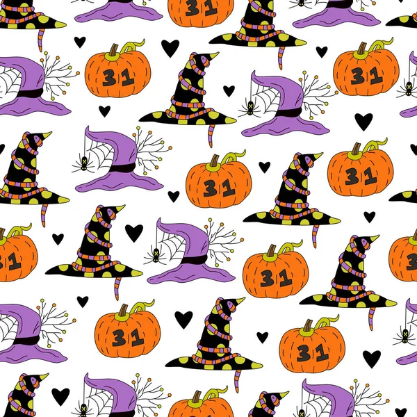 Halloween Nahtlose Muster Mit Jack Laternen Hexenhüte Und Spinnen Auf — Stockvektor