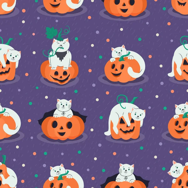 Halloween Nahtlose Muster Mit Niedlichen Katzen Und Jack Laternen Kürbisse — Stockvektor