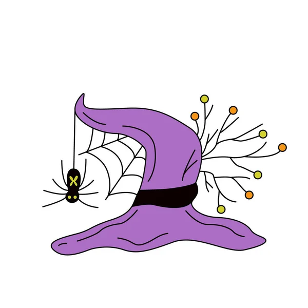 Фиолетовая Шляпа Ведьмы Украшена Ветвями Деревьев Паутиной Векторная Иллюстрация Отлично — стоковый вектор