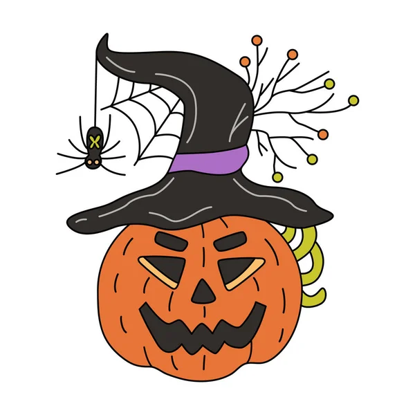 Vector Hand Drawn Illustration Jack Lantern Witch Hat Spider Great — Stockvektor