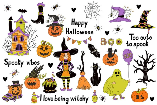 Διάνυσμα Χέρι Ζωγραφισμένα Πολύχρωμα Doodle Σετ Εικόνες Halloween Μικρή Μάγισσα — Διανυσματικό Αρχείο