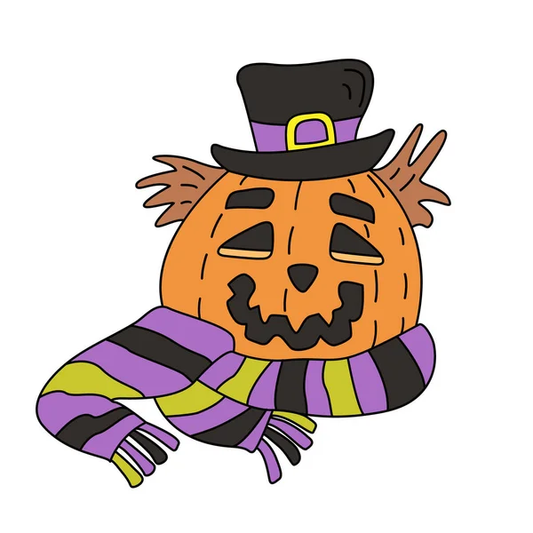 Vector Hand Drawn Illustration Jack Lantern Pumpkin Hat Striped Scarf — Stockvector