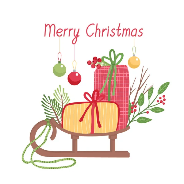 Greeting Card Santa Sleigh Full Gift Boxes Merry Christmas Lettering — Stock Vector