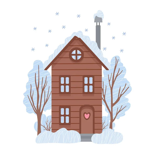 冬季木制舒适的房子被树木和雪堆环绕 雪天的乡村风景 在白色上孤立的矢量平面插图 很适合圣诞卡 平面设计 — 图库矢量图片