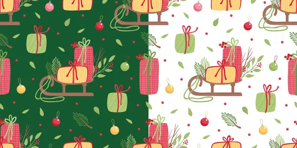 Deux Motifs Sans Couture Avec Traîneau Père Noël Boules Noël — Image vectorielle