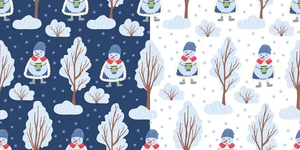 Two Seamless Patterns Snowman Winter Trees White Blue Backgrounds Vector — Stock Vector