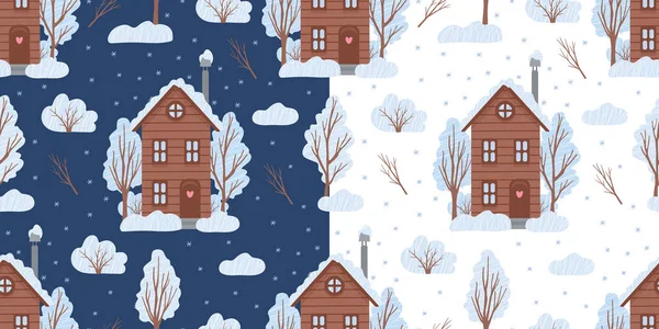 Seamless Pattern Countryside Winter Houses White Dark Blue Backgrounds Vector — Stock Vector
