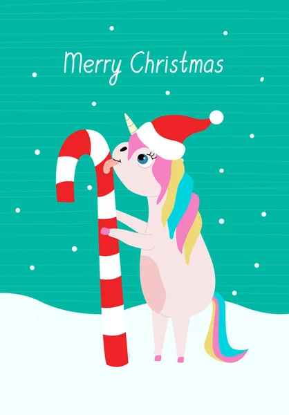 Greeting Card Cute Little Unicorn Candy Cane Merry Christmas Hand — Stock Vector
