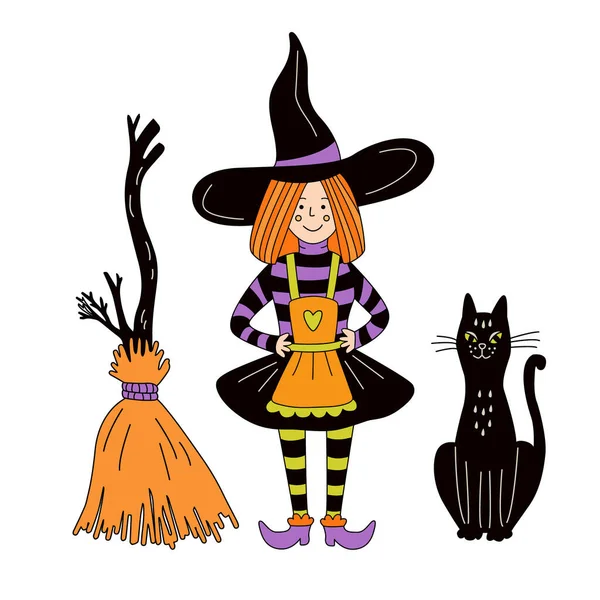 Little Cute Witch Broom Cat Hand Drawn Colorful Vector Illustration — Stock Vector