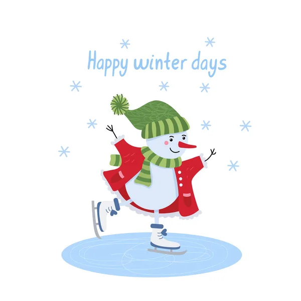 Happy Winter Days Greeting Card Cute Snowman Skating Funny Character — Stockvector