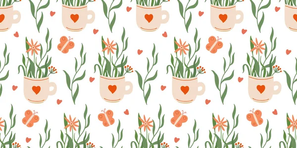 Vector Seamless Pattern Mugs Decorated Hearts Butterflies Wild Flowers White — Stock Vector