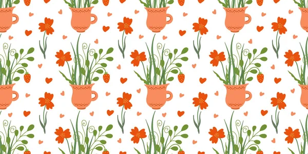 Vector Seamless Pattern Mugs Red Wild Flowers White Background Great — Stock Vector