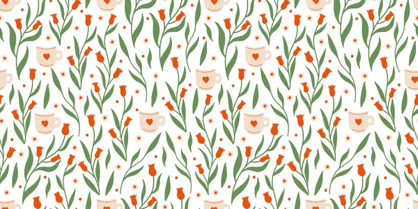 Patrón Sin Costuras Vectorial Con Tazas Decoradas Flores Silvestres Sobre — Archivo Imágenes Vectoriales