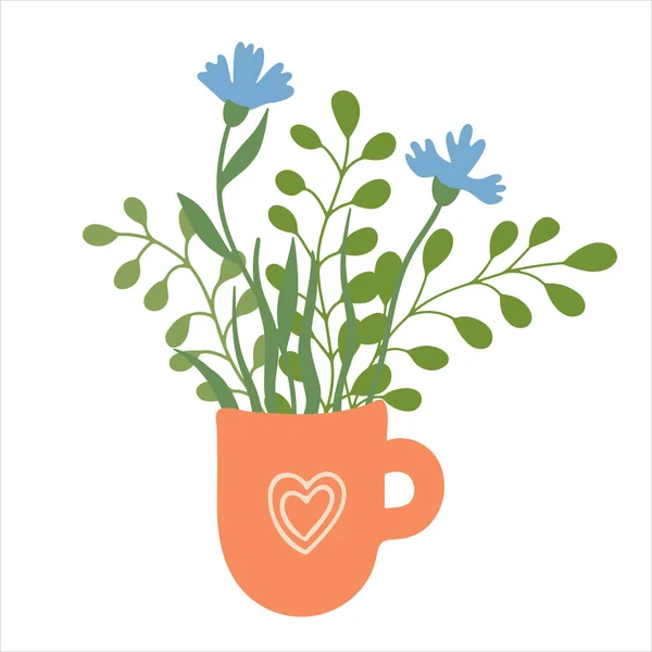 ハーブティーのイラスト 紅茶のマグカップに青い野生の花 白地に描かれた手描きベクトルイラスト ポスター パッケージ キッチンの装飾に最適です 夏のコーンフラワーとハーブの組成 — ストックベクタ