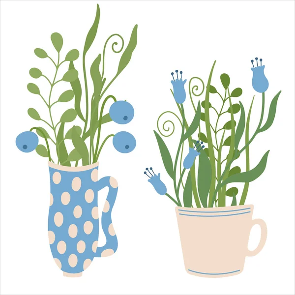 Växtbaserade Illustration Blå Vilda Blommor Muggar Med Handritad Vektor Illustration — Stock vektor