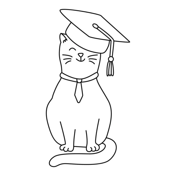 一只戴着毕业帽的可爱的猫 手绘涂鸦插图 黑色轮廓 返回学校主题部分 — 图库矢量图片