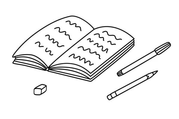Studentenbuch Oder Notizbuch Mit Stift Und Bleistift Handgezeichnete Vektor Doodle — Stockvektor