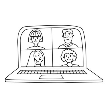 İş arkadaşlarıyla internet konferansı ya da arkadaşlarla online görüşme. Laptop el çizimi karalama vektör çizimi, siyah çizim. 