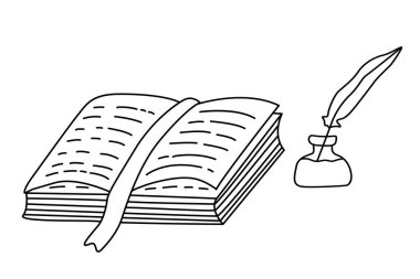 Mürekkep hokkası karalama el çizimi vektör çizimi siyah hatlı kitabı ve tüyü aç.
